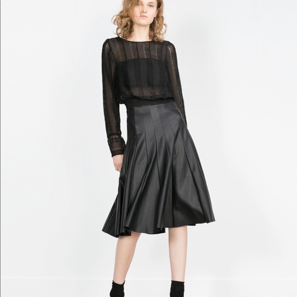 Zara faux black leather midi pleated skirt